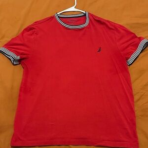 Nautica Men's Red Tee with Striped Sleeves